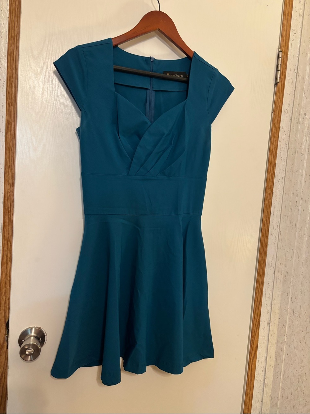 Gown Town Fit-and-Flare Teal Mini Dress with Cap Sleeves